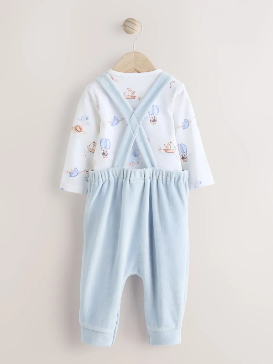 Rompertjes En Tuinbroeken|Next - Baby Velours bretelbroeken en Bodysuit Set (0mths-3yrs) Blauw met olifantenprint