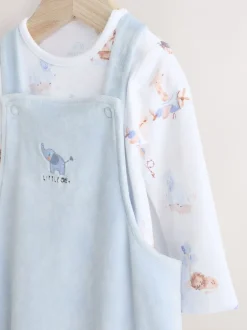 Rompertjes En Tuinbroeken|Next - Baby Velours bretelbroeken en Bodysuit Set (0mths-3yrs) Blauw met olifantenprint
