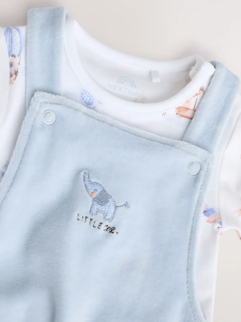 Rompertjes En Tuinbroeken|Next - Baby Velours bretelbroeken en Bodysuit Set (0mths-3yrs) Blauw met olifantenprint