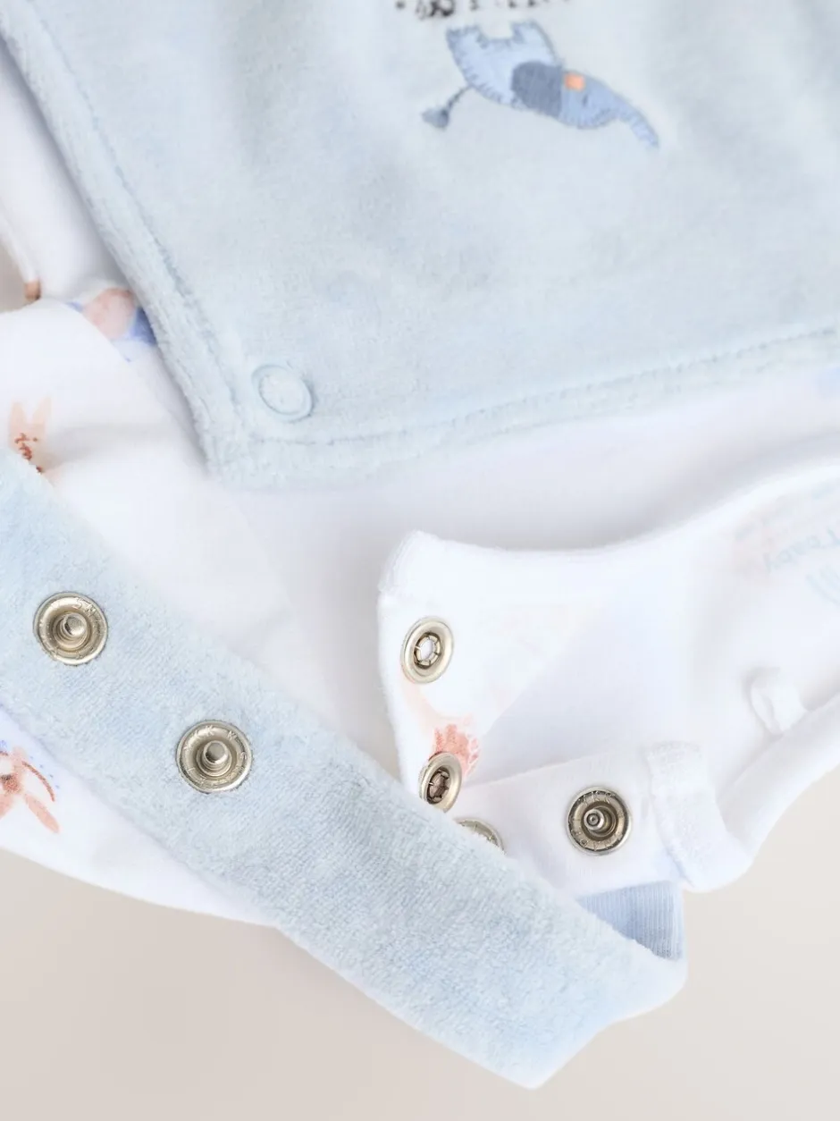 Rompertjes En Tuinbroeken|Next - Baby Velours bretelbroeken en Bodysuit Set (0mths-3yrs) Blauw met olifantenprint