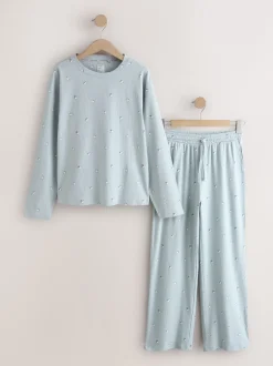 Pyjama's|Loungewear*Next - Geribbelde pyjama met lange mouwen Blauw met papegaaiduiker