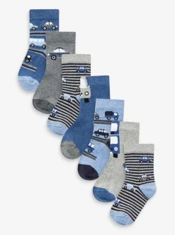Sokken En Panty's|Sokken|Next Blauw met strepen/transportprint - Verpakking van 7 paar sokken met hoog aandeel katoen