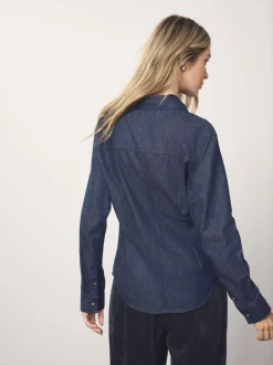 Tops En T-Shirts|Blouses En Overhemden*Next - Cinch Waist Fitted Long Sleeve Denim Shirt Blauw met wassing