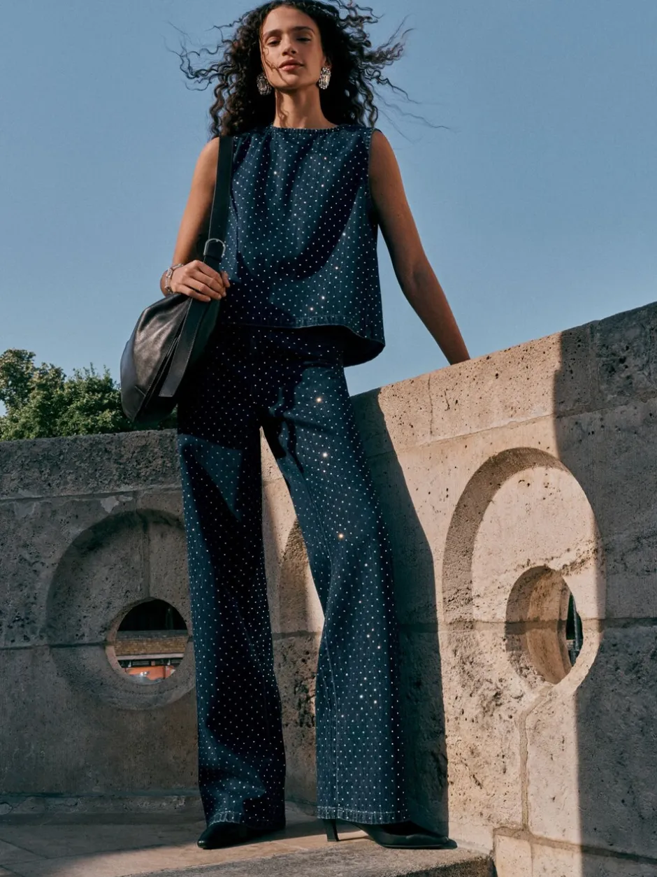 Jeans*Next Blauw met wassing - Versierde jeans met wijde pijpen