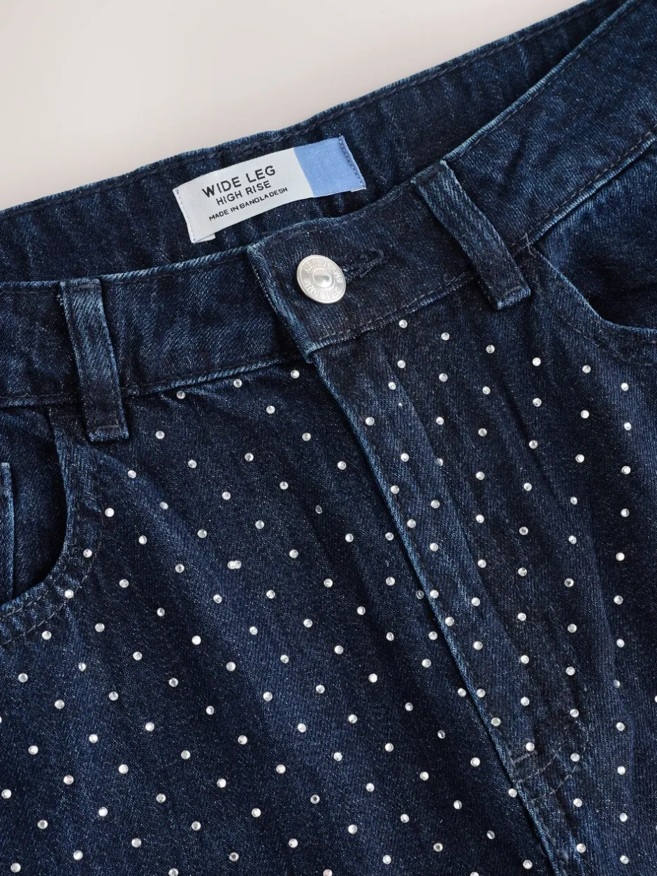 Jeans*Next Blauw met wassing - Versierde jeans met wijde pijpen