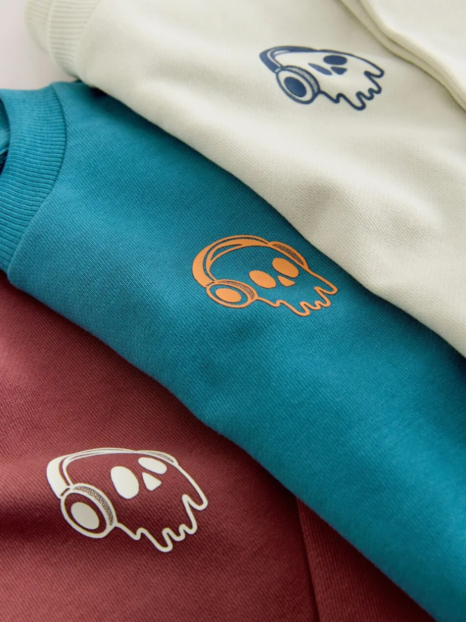 T-Shirts|Tops*Next - Verpakking van 3 ruimvallende zware T-shirts met lange mouwen (3-16jr) Blauw/bessenkleurig/ecru met print