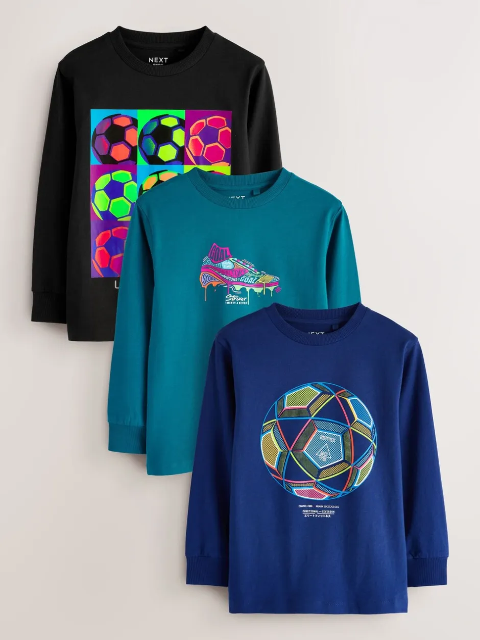 T-Shirts|Tops*Next Blauw/Blauwgroen/Zwart Voetbal - 3 Relaxed Fit T-shirts met grafische print en lange mouwen (3-16jr)