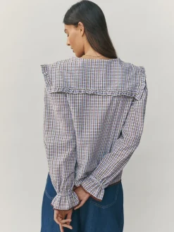 Blouses En Overhemden|Next - Oversized Collar Long Sleeve Blouse Blauw/bruin met ruitmotief