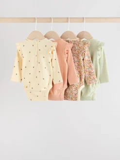 Rompertjes En Hemdjes*Next - Verpakking van 4 babyrompers met lange mouwen en ruches (0mnd-2jr) Blauw/crème/koraal Ditsy