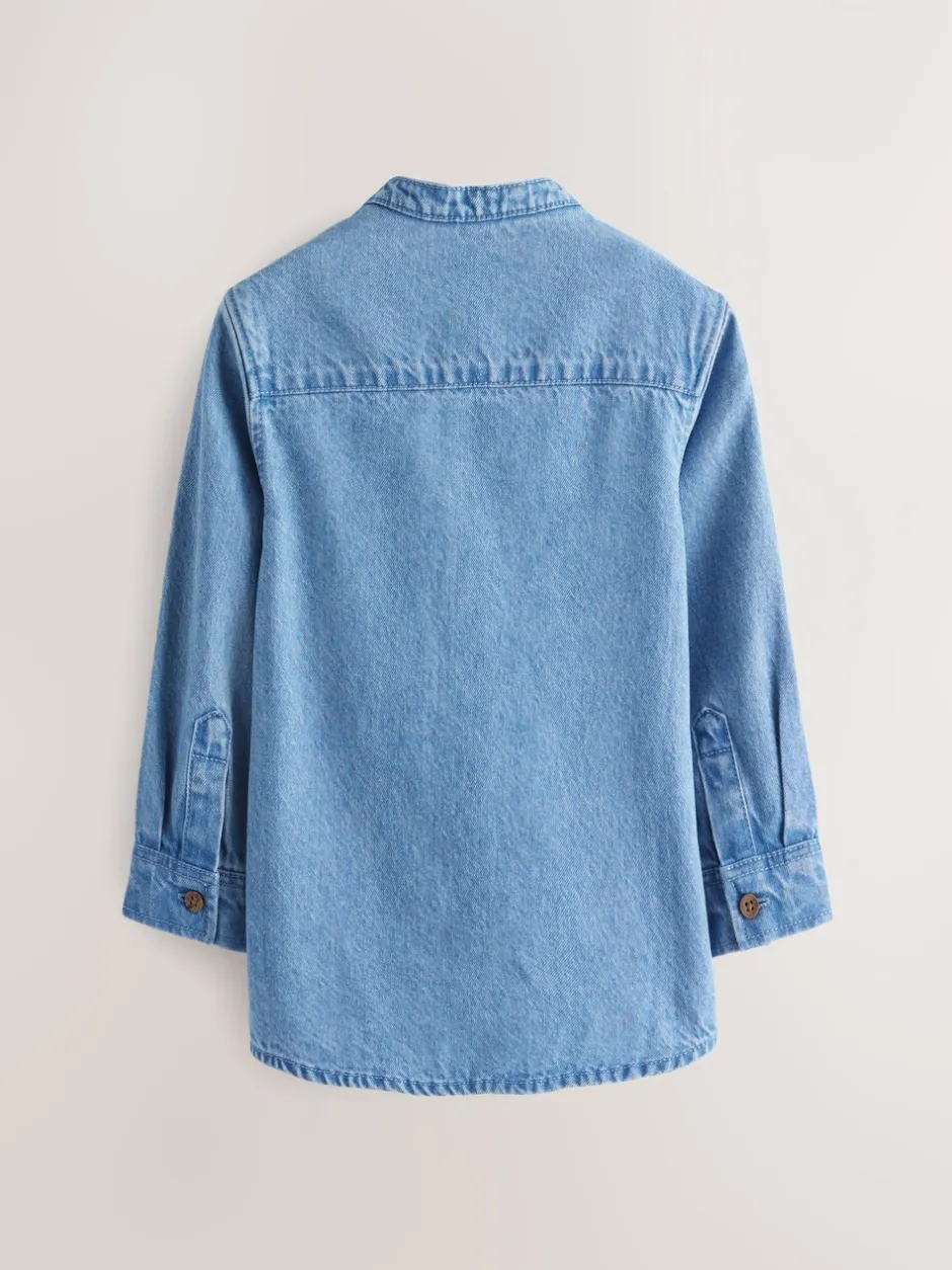 Shirts|Next Blauwe denim - 100% katoenen overhemd met lange mouwen en opa-kraag van denim (3mnd-7jr)