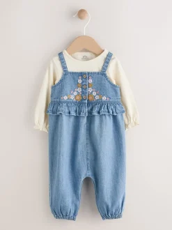 Tuinbroeken|Next Blauwe geborduurde Denim - Babyset van bodysuit met lange mouwen & bretelbroek (0mnd -2jr)