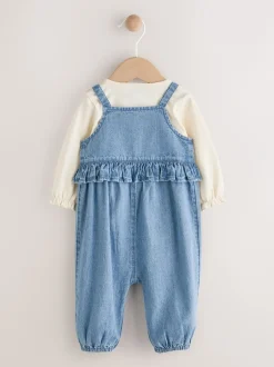 Tuinbroeken|Next Blauwe geborduurde Denim - Babyset van bodysuit met lange mouwen & bretelbroek (0mnd -2jr)