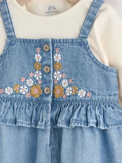 Tuinbroeken|Next Blauwe geborduurde Denim - Babyset van bodysuit met lange mouwen & bretelbroek (0mnd -2jr)