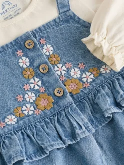 Tuinbroeken|Next Blauwe geborduurde Denim - Babyset van bodysuit met lange mouwen & bretelbroek (0mnd -2jr)