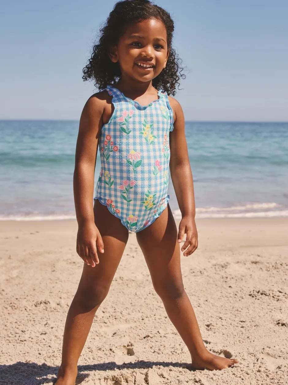Badkleding|Badkleding|Next - Lettuce Edge Swimsuit (3mths-7yrs) Blauwe gingham-ruit met print