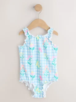 Badkleding|Badkleding|Next - Lettuce Edge Swimsuit (3mths-7yrs) Blauwe gingham-ruit met print