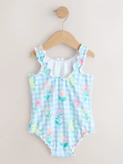 Badkleding|Badkleding|Next - Lettuce Edge Swimsuit (3mths-7yrs) Blauwe gingham-ruit met print