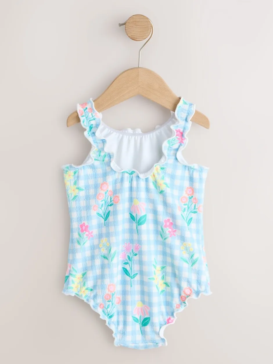 Badkleding|Badkleding|Next - Lettuce Edge Swimsuit (3mths-7yrs) Blauwe gingham-ruit met print
