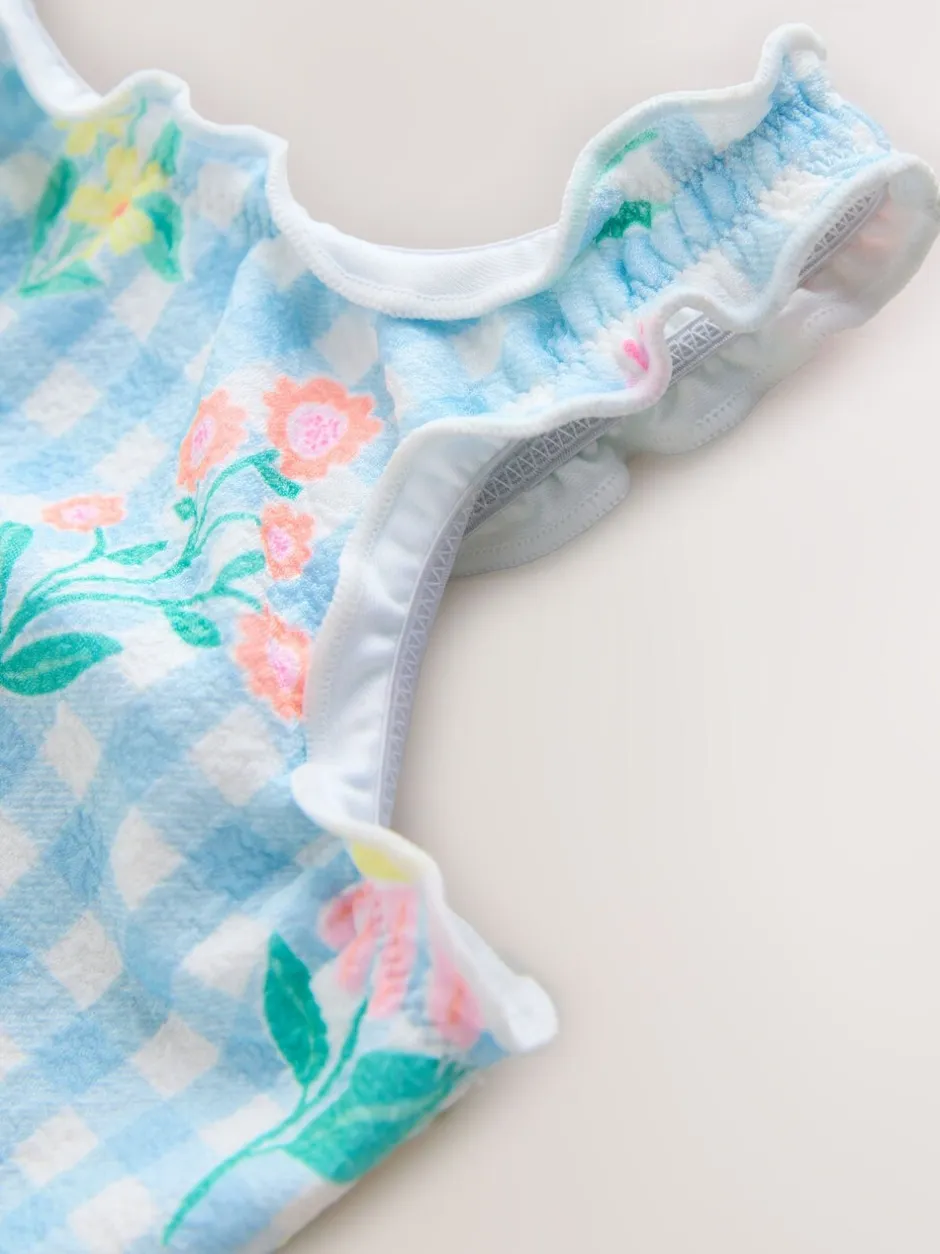 Badkleding|Badkleding|Next - Lettuce Edge Swimsuit (3mths-7yrs) Blauwe gingham-ruit met print