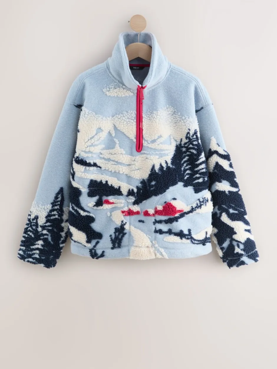 Hoody's En Sweatshirts*Next Blauwe grafische winterlandschap - Soft Touch Knusse Teddy Borg Kwartrondrits Fleece