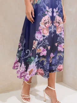 Gelegenheidskleding|Jurken|Lipsy Blauwe print - ombré midi-jurk met bloemenprint, tulpmouwen en fit en flare-model
