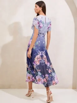 Gelegenheidskleding|Jurken|Lipsy Blauwe print - ombré midi-jurk met bloemenprint, tulpmouwen en fit en flare-model