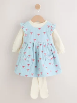 Jurken|Jurken|Next Blauwe Strik - Set van corduroy pinafore, bodysuit met lange mouwen en maillot voor baby's (0mnd-2jr)