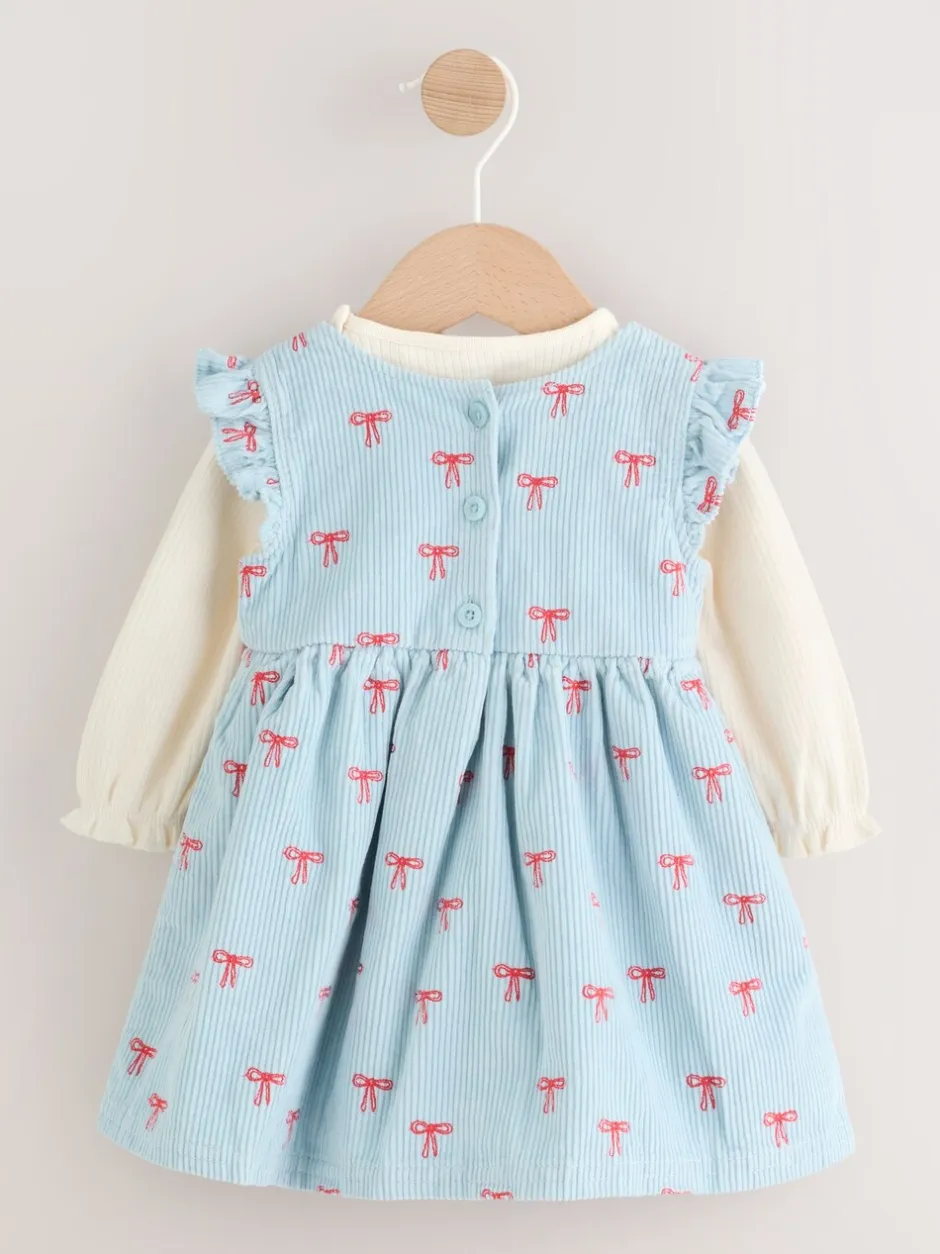 Jurken|Jurken|Next Blauwe Strik - Set van corduroy pinafore, bodysuit met lange mouwen en maillot voor baby's (0mnd-2jr)