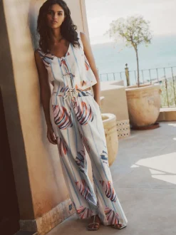 Broeken*Next - Pull On Wide Leg Trousers With Linen Blauw/ecru