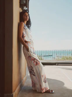Broeken*Next - Pull On Wide Leg Trousers With Linen Blauw/ecru