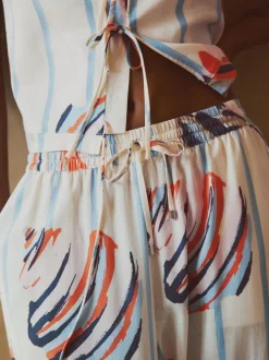 Broeken*Next - Pull On Wide Leg Trousers With Linen Blauw/ecru