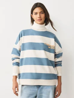 Hoody's En Sweatshirts*Next Blauw/ecru - Striped Graphic 'Colarado' City Longsleeve Crewneck Sweatshirt