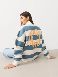 Hoody's En Sweatshirts*Next Blauw/ecru - Striped Graphic 'Colarado' City Longsleeve Crewneck Sweatshirt