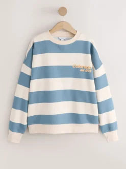 Hoody's En Sweatshirts*Next Blauw/ecru - Striped Graphic 'Colarado' City Longsleeve Crewneck Sweatshirt