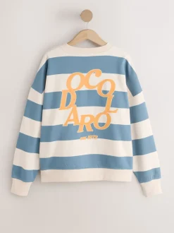 Hoody's En Sweatshirts*Next Blauw/ecru - Striped Graphic 'Colarado' City Longsleeve Crewneck Sweatshirt