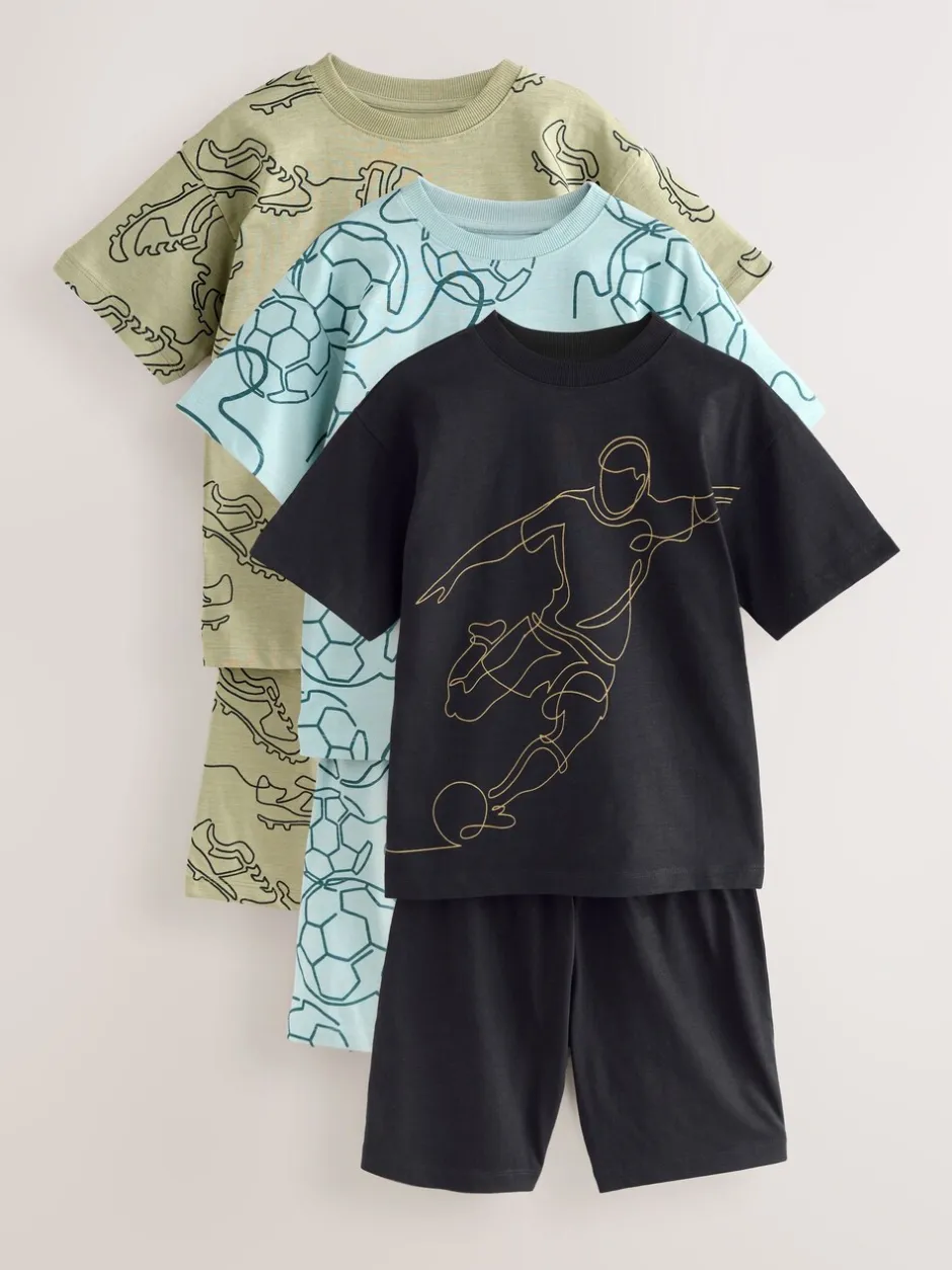 Pyjama's|Nachtkleding En Pyjama's|Next Blauwe/Zwarte/Groene voetbal - Set van 3 pyjama's met short (3-16 jr)
