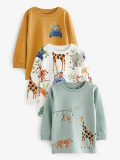 Tops|T-Shirts*Next - T-shirts met lange mouwen en dierenfiguurprint verpakking van 3 (3 mnd - 7 jr) Blauw/geel safari