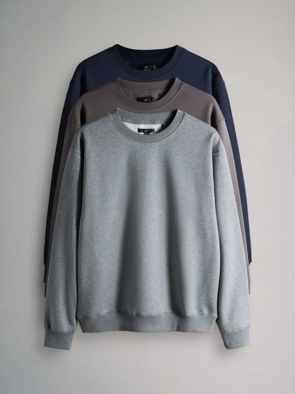Loungewear|Sweaters En Hoody´S|The Set - Verpakking van 3 - Crew Neck Relaxed Fit Sweatshirts Blauw/grijs