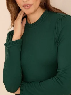 Blouses En Overhemden|Love & Roses Blauwgroen - jersey top met ruches aan de hals en lange mouwen