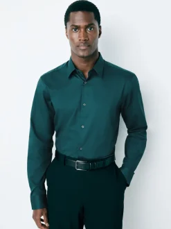 Formele Overhemden|Next Blauwgroen - Normale Pasvorm - Onderhoudsvriendelijk, getextureerd, slim fit overhemd met enkele manchet