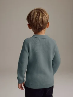Truien En Breisels|Tops*Next - Poloshirt met lange mouwen en kwartrits (3mnd-7jr) Blauwgroen