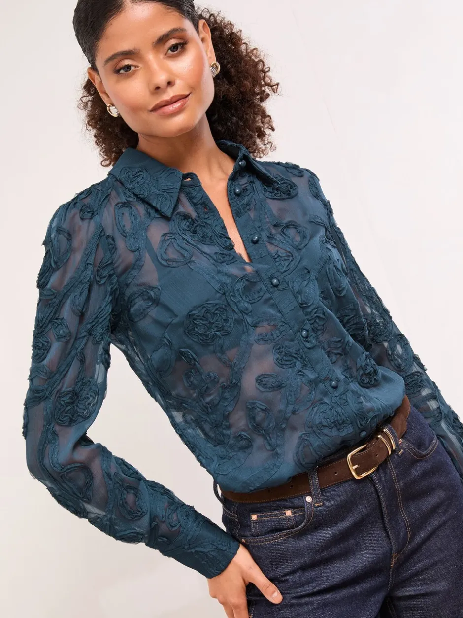 Blouses En Overhemden|Lipsy - Burnout overhemd met knoopsluiting Blauwgroen met bloemen