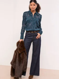 Blouses En Overhemden|Lipsy - Burnout overhemd met knoopsluiting Blauwgroen met bloemen