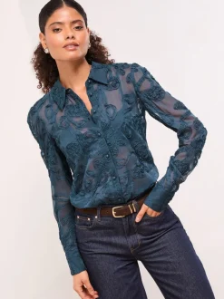 Blouses En Overhemden|Lipsy - Burnout overhemd met knoopsluiting Blauwgroen met bloemen