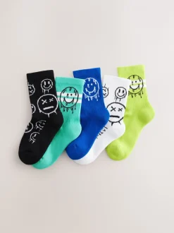 Sokken|Next Blauw/groen met graffiti-smile - Set van 5 paar geribbelde sokken met verzacht voetbed, katoengehalte en gekleurde boorden