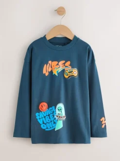 T-Shirts|Tops|Next Blauwgroen/blauw/grijs felle graffiti - 3 Relaxed Fit T-shirts met grafische print en lange mouwen (3-16jr)