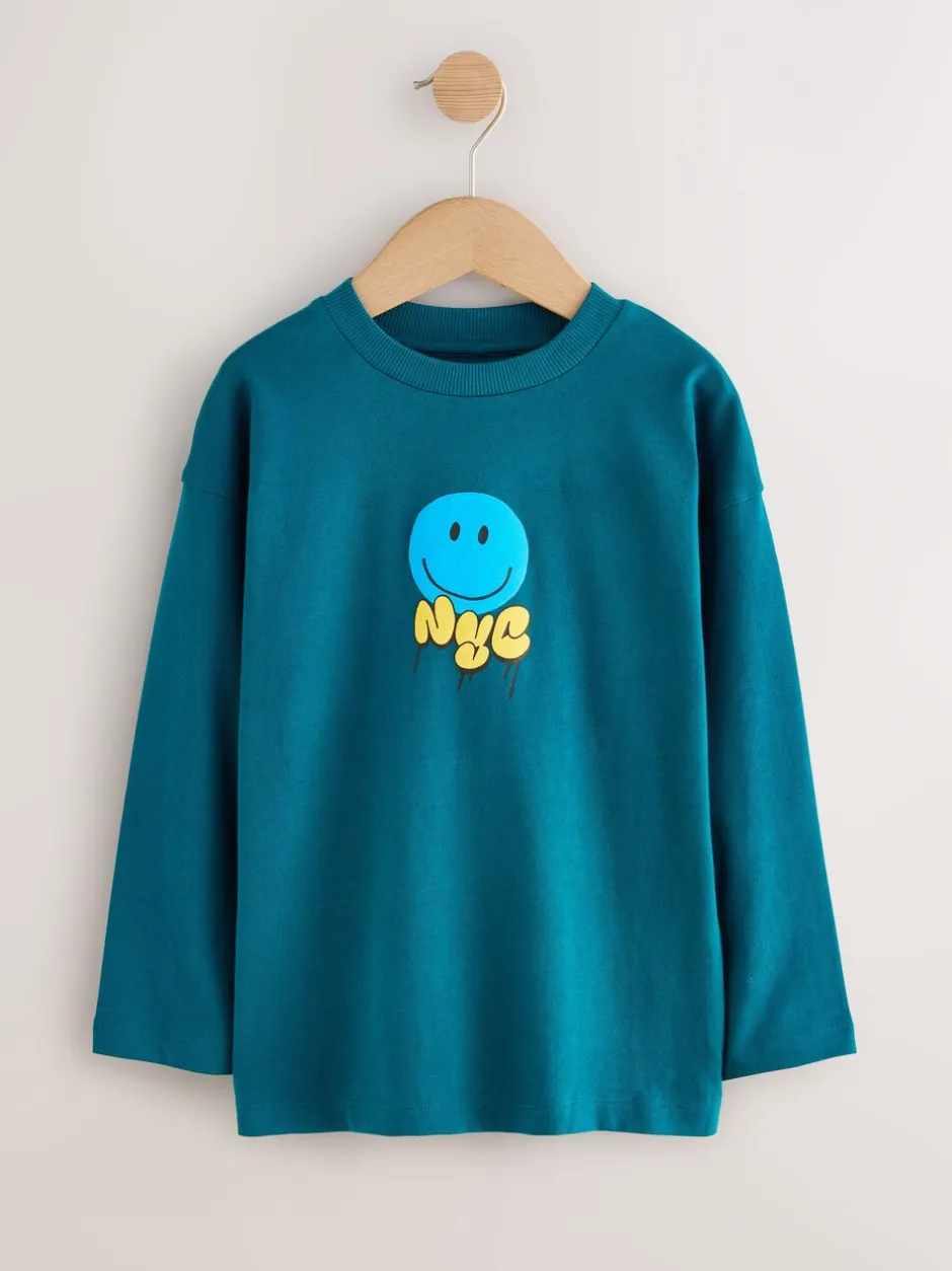 T-Shirts|Tops|Next Blauwgroen/blauw/grijs felle graffiti - 3 Relaxed Fit T-shirts met grafische print en lange mouwen (3-16jr)