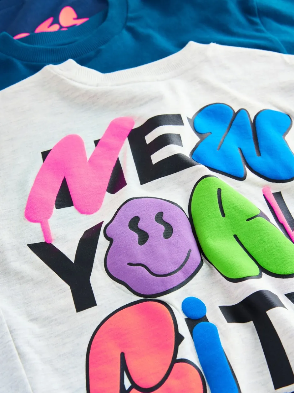 T-Shirts|Tops|Next Blauwgroen/blauw/grijs felle graffiti - 3 Relaxed Fit T-shirts met grafische print en lange mouwen (3-16jr)