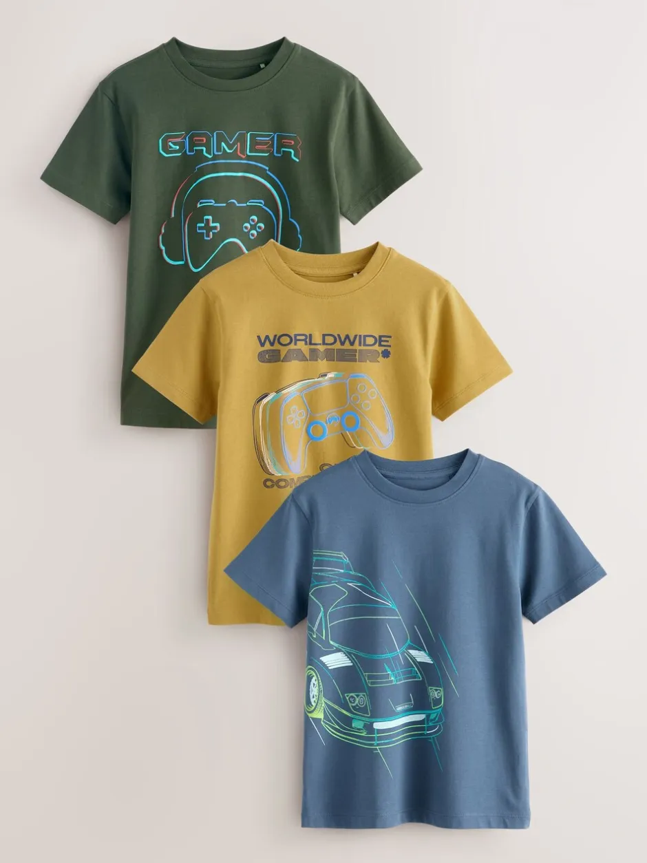 T-Shirts|Tops|Next Blauw/groen/geel - Regular fit T-shirts met grafische print en korte mouwen 3 stuks (3-16jr)