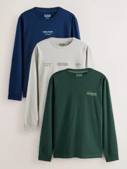 T-Shirts En Hemden|Next Blauw/Groen/Kiezelkleurig - Relaxed Fit Long Sleeve Graphic Multipack T-Shirt